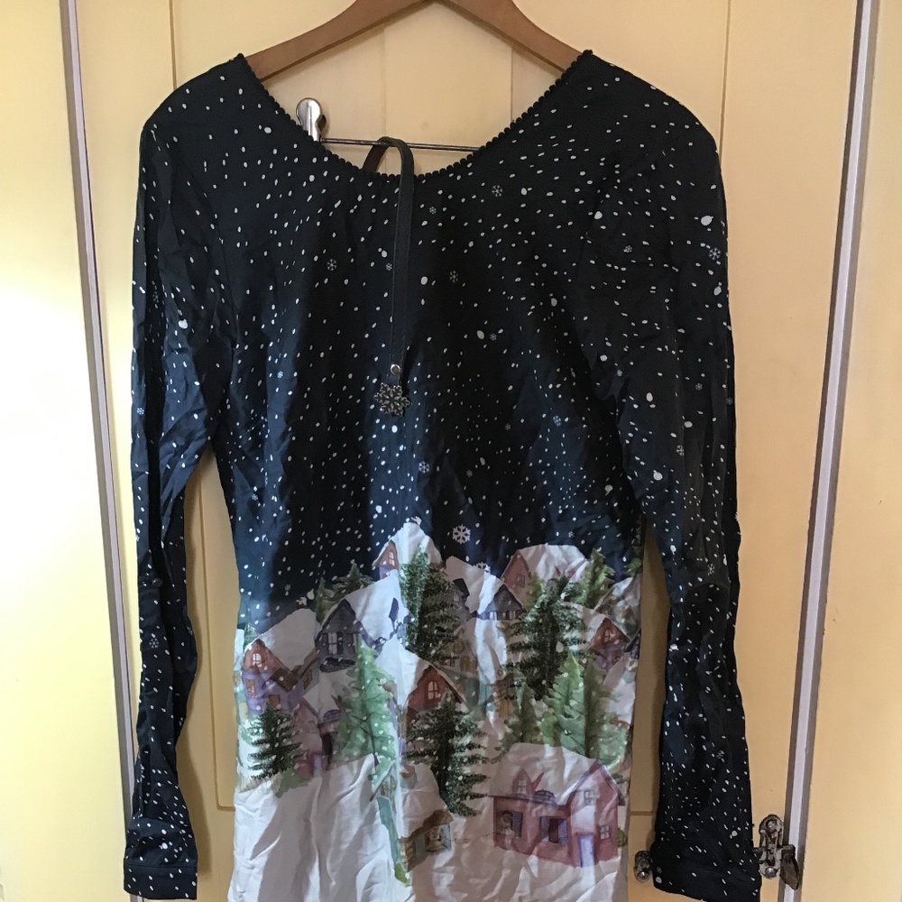 snowy scene long sleeve dress size small antix